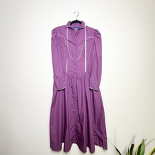 Vintage 70s Prairie Cottage Core Purple Collared Piping Pioneer Midi Dress Med picture