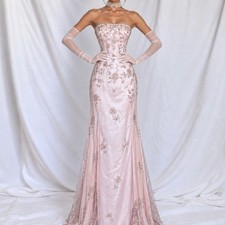 Vintage Y2K Pastel Pink Strapless Floral Beaded Mesh Maxi Prom Dress Size M picture