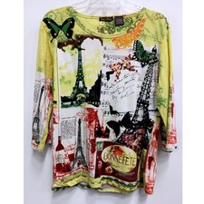 French Postcards Wearable Art Top Womens S Yellow Paris Eiffel Tower Sequin picture