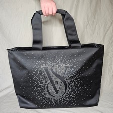 Victorias Secret Shine Tote Bag Black Satin Sparkly Rhinestone VS Logo Handbag picture