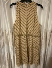 Adrianna Papell Plus 18 Beige/Gold Beaded Striped Sleeveless Knee Dress Zip picture