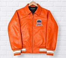 Orange Leather Jacket Men’s Varsity Bomber Flight Racing Jacket XS-4XL picture