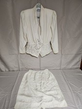 Vintage D’ore Della Roufogali Silk Skirt Suit Size 8 Sequin Beaded Ivory 80s 90s picture