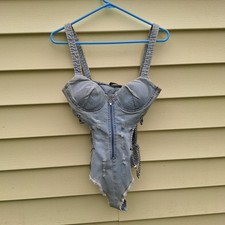 New Rehab Lab Denim Corset Romper Bodysuit Distressed S Sexy Romantic Chain Rave picture