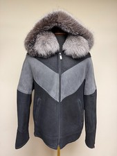 Brand New Men's Black - Grey Genuine SheepSkin Shearling with Real Fox Hood picture