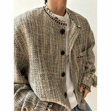 Men’s Vintage-Style Tweed Knit Cardigan Jacket Gray Beige Oversized Button Front picture