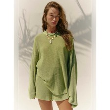 FP Beach Free People Olive Green Oversized Ribbed Knit Crewneck Sweater Medium picture
