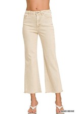 Zenana Sand Acid Washed High Waist Frayed Hem Crop Bootcut Jeans picture