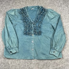 Pol Shirt Women's Small Green 100% cotton Ruffle V Neck Boho Victorian Lagen picture