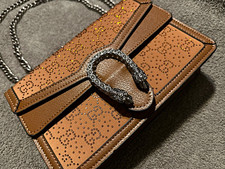 Gucci Brown Monogram Rectangle Shoulder Bag Studded Accents Silver Chain Strap picture