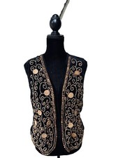 Vintage Effeci Black Velvet Vest Medium Wood Bead Embellishments Lined Excellent picture
