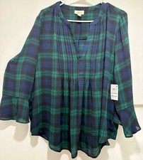Style & Co Women's XL Blue/Green Plaid V-Neck 3/4 Bell Sleeve Blouse NWT picture