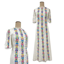 Vintage 1960s Groovy Floral Trim White Mexican Pintuck Maxi Dress picture