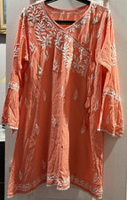 Women’s Handmade Orange Embroidered Cotton Pakistani Salwar Kameez Set M picture