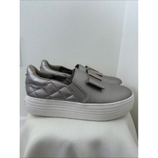 Joy Mangano Silver Metallic Slip-On Platform Sneakers with Bow and Gold Accent picture