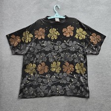 VINTAGE EZL Men Shirt OS Black Floral Print Graphic Single Stitch 90s USA picture