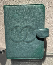 CHANEL Coco Mark Skin Planner Notebook Cover Leather 6-Hole Auth Turquoise Blue picture