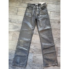 Zara Metallic Silver Wide Leg Jeans size 0 Mid Rise NWT Pants Womens Full Length picture