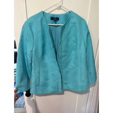 RSVP by Talbots Blue Pineapple Jacquard Collarless Jacket 18W Hook Eye Closure picture