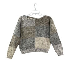 Vintage Albee Patchwork Sweater Womens Small Brown Colorblock Knit Boat Neck 70s picture
