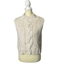Vintage Sirdar Hand Knitted Sleeveless Movk Neck Cableknit Sweater Womens Size S picture