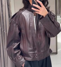 Zara maroon 100% LEATHER BOMBER JACKET ZW COLLECTION LIMITED EDITION Size S picture