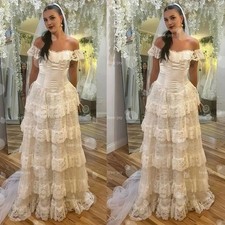 Ivory Wedding Dress Off-the-Shoulder Tiered Ruffled Sleevele Vintage Bridal Gown picture
