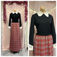Vintage 60s 70s Preppy Plaid Maxi Dress Black Red Collared Twee Mod Retro M/L picture