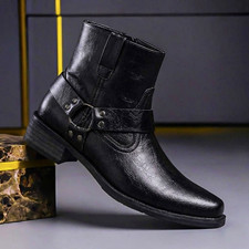 Men's Black Vegan Leather Ankle Biker Boots Harness Studded Squared Toe picture