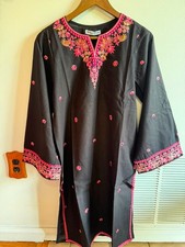 TANA BANA Women's 2-Piece Kurti Pants Set Embroidered Black Pink S M L picture