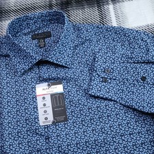 Alfani AlfaTech Mens Regular Fit Stretch Dress Shirt Blue Navy Geometric L NEW picture