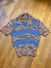 True 70’s vintage Blue Multicolor Striped Knit Collared Short Sleeve Polo Shirt picture