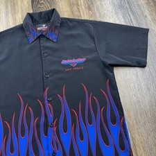 Vintage Harley Davidson Cafe Shirt Mens S Black Blue Flames Las Vegas Button Up picture