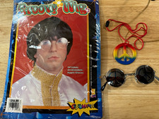 New Groovy 60s 70s Hippie Mop Wig Black Beatles Mod Lennon glasses Peace sign picture