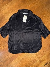 NWT Zara Black Flowy Satin Effect Short Sleeve Blouse - MEDIUM picture