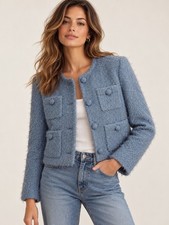 Mango Women's M Blue Metallic Tweed Fringe Trim Lined Blazer Jacket Workwear picture