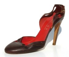 CELINE 2006 Mahogany Brown Leather d'Orsay Wood Stacked Heel Cut Out Pumps 40 C picture