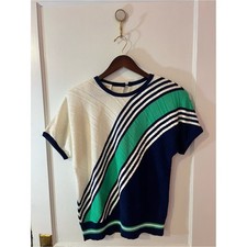 Vintage 1970s Vivanti Asymmetrical Striped Knit Colorblock Short Sleeve Sweater picture