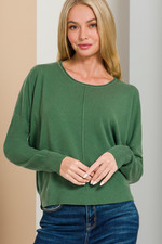 Viscose Dark Green Front Seam Round-Neck Zenana Sweater picture