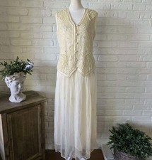 Vtg 80s 90s Matching Beaded Silk Vest & Skirt, Ivory, Flowy, Fairy Core picture