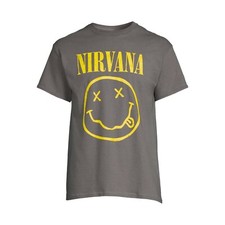 Nirvana Men's Smiley Logo Graphic Print Tee- Charcoal Grey with Yellow Graphic picture
