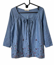 NWOT Viola Borghi Italy 100% Linen Blue Floral Border Print Boho Blouse M picture
