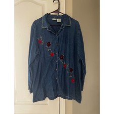 Vtg Bobbie Brooks Cottagecore Denim Embroidered Beaded Floral Button Up Shirt XL picture