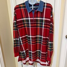 Chaps Ralph Lauren 3XB cotton plaid Rugby Shirt polo w/ denim chambray collar picture
