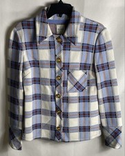 St. John Women's Plaid Knit Jacket Blue White Red Gold Logo Buttons picture