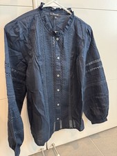 Madewell Lace Insert High Neck Pintuck Top Women Small Navy Cotton NWT $128 picture