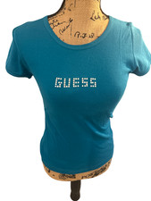 Vintage Guess Teal Blue Rhinestone Studded Logo Baby Tee Shirt Size M/L NWT picture