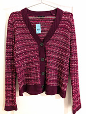 Ann Taylor Factory Womens Medium Petite Cardigan Sweater Burgundy Striped V-Neck picture
