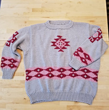 Mens Handmade Pullover Knit Sweater, Grey with Native American pattern, Medium picture