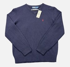 Polo Ralph Lauren Sweater Mens Medium Blue 100% Lambswool V-Neck Knit Preppy NEW picture